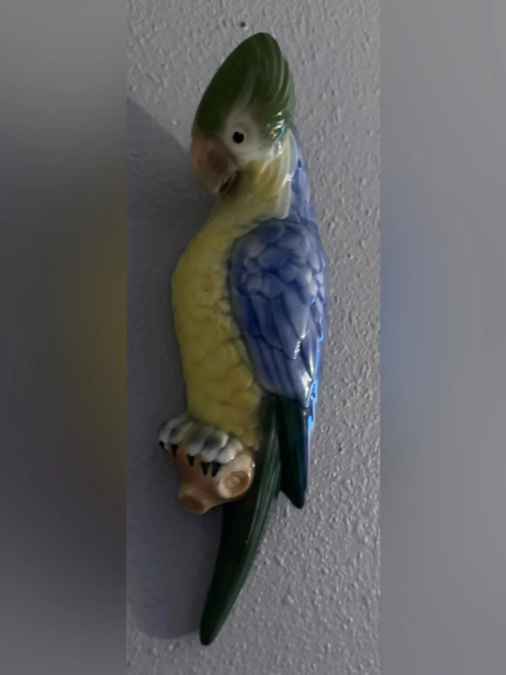 Pair of Vintage Hand-Painted Ceramic Parrot Wall Vases — Blue, Yellow & Green